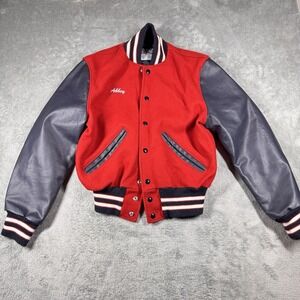 Y2K Varsity Letterman Jacket Red Gray Cheerleader Wool Blend Size YOUTH L DeLONG